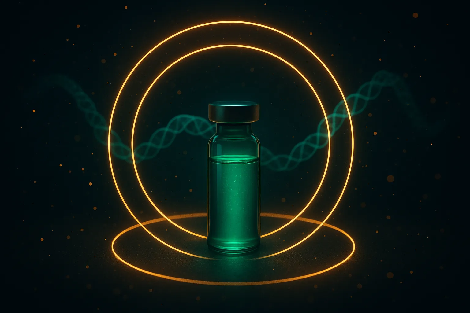 A single glowing emerald injection vial encircled by three unbroken concentric gold rings against a dark navy field, with a faint teal molecular ribbon drifting behind
