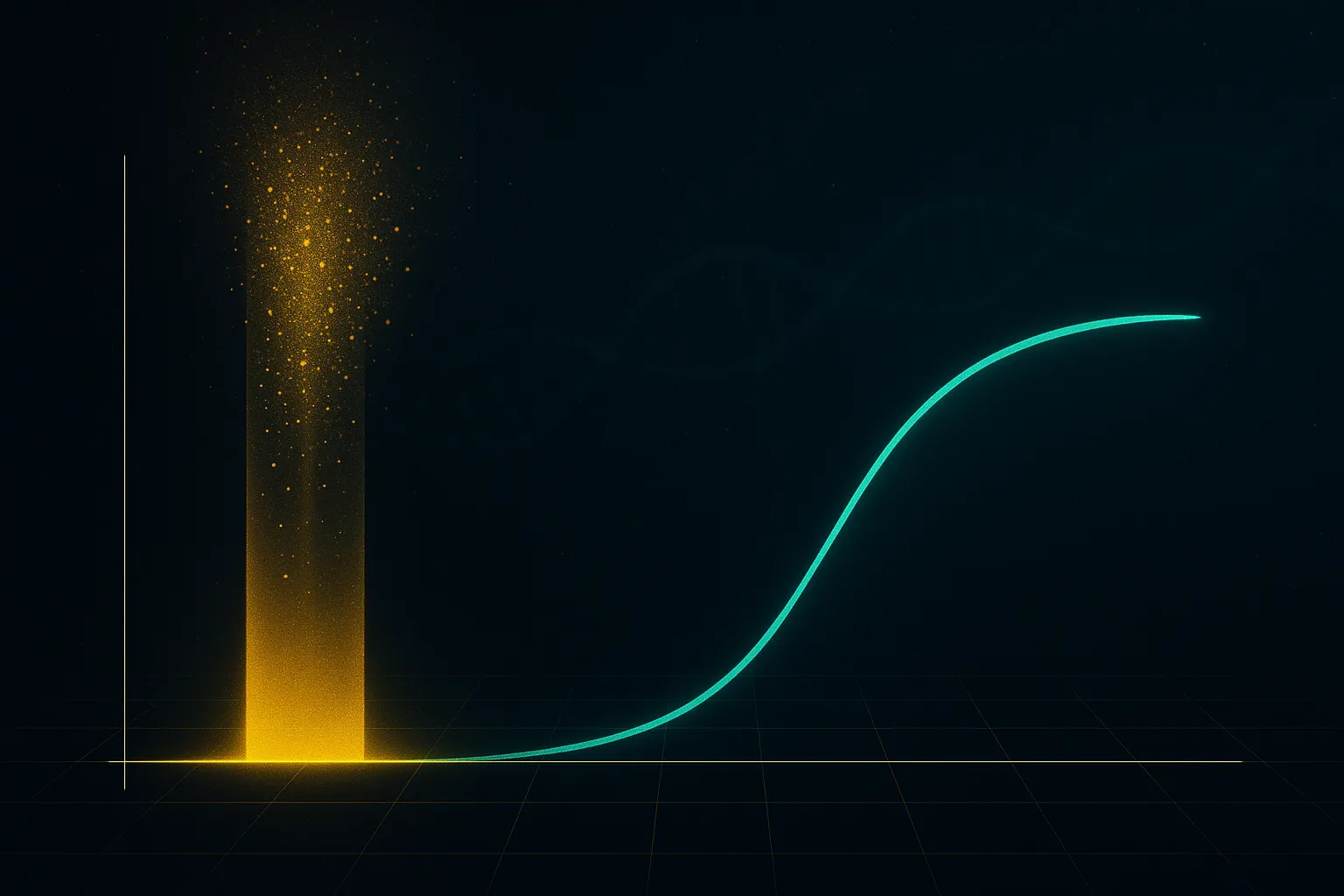 A tall gold column of light dissolving into drifting motes on one side, a smooth emerald curve rising and levelling on the other, over a thin gold baseline grid on a dark navy field