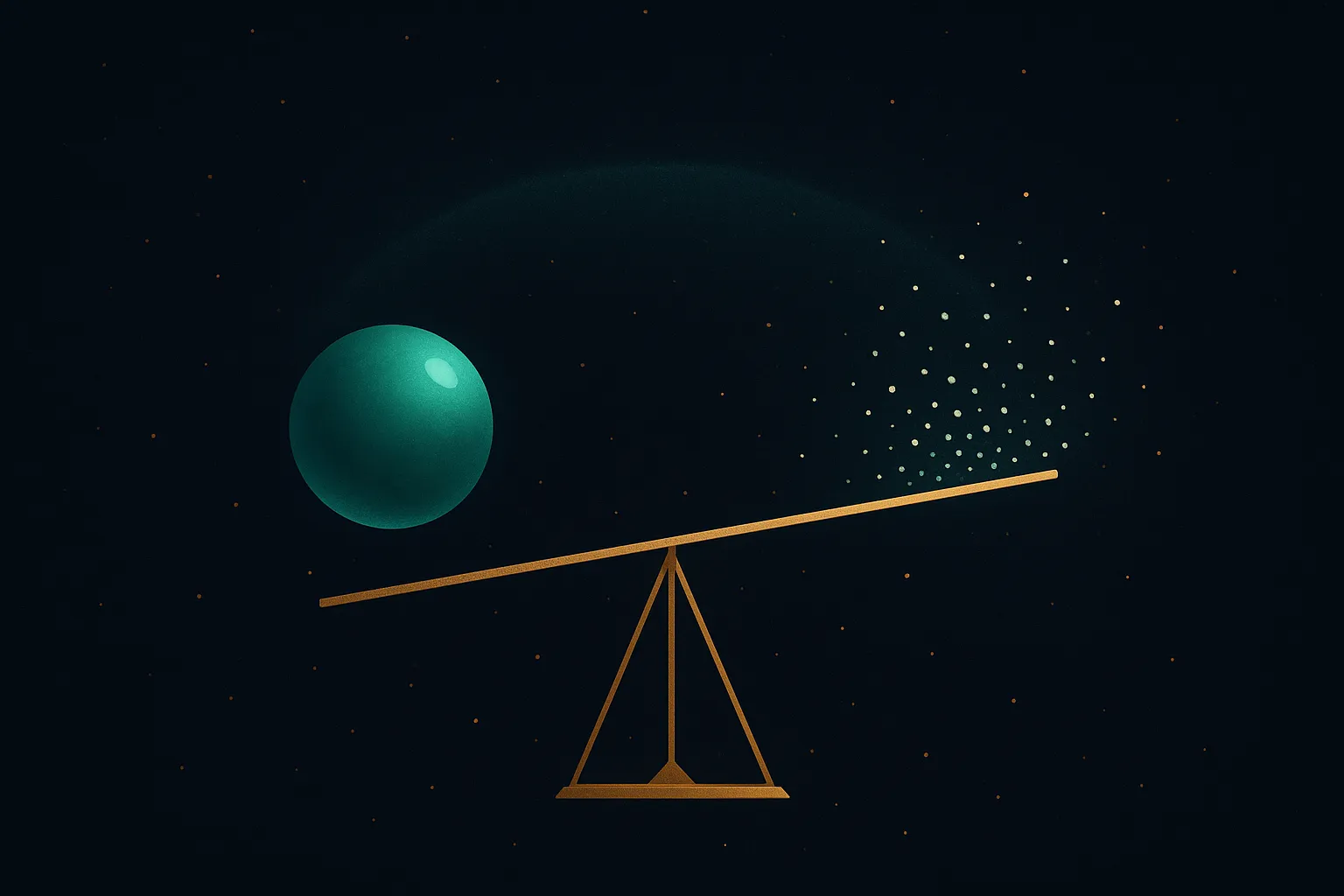 A slender gold balance beam tilted slightly, a single large emerald sphere on one side and a scatter of small pale motes on the other, against a wide faint teal arc on dark navy