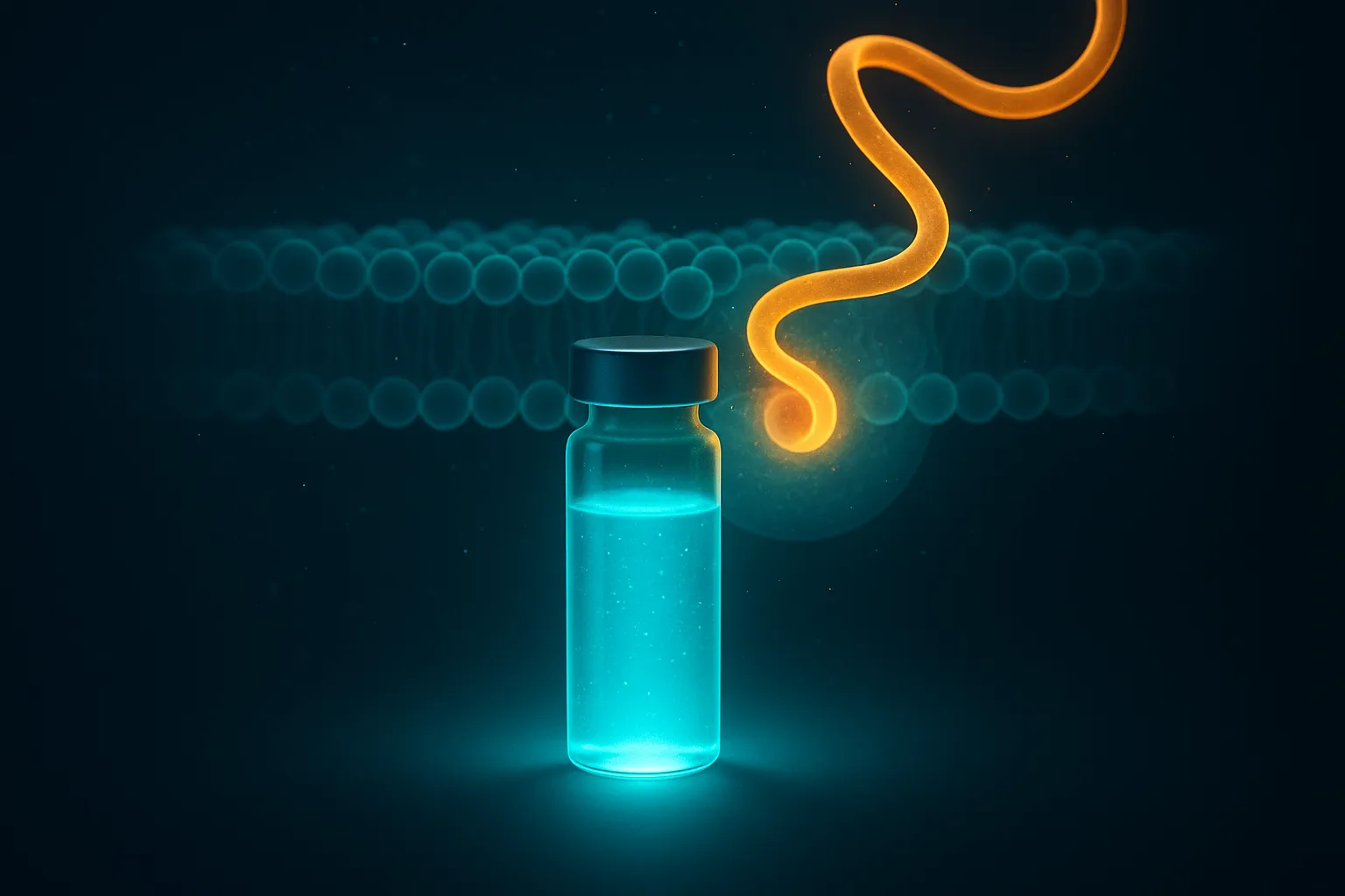Abstract molecular illustration of a research vial and a peptide ribbon meeting a cell membrane