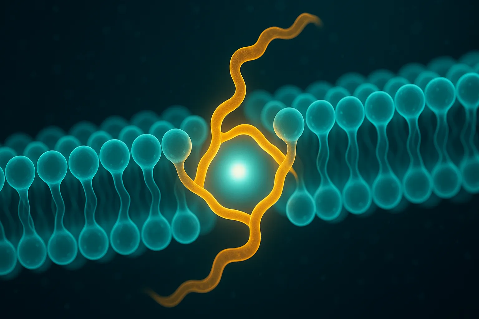 Abstract illustration of a lipid bilayer membrane with a peptide ribbon forming a pore