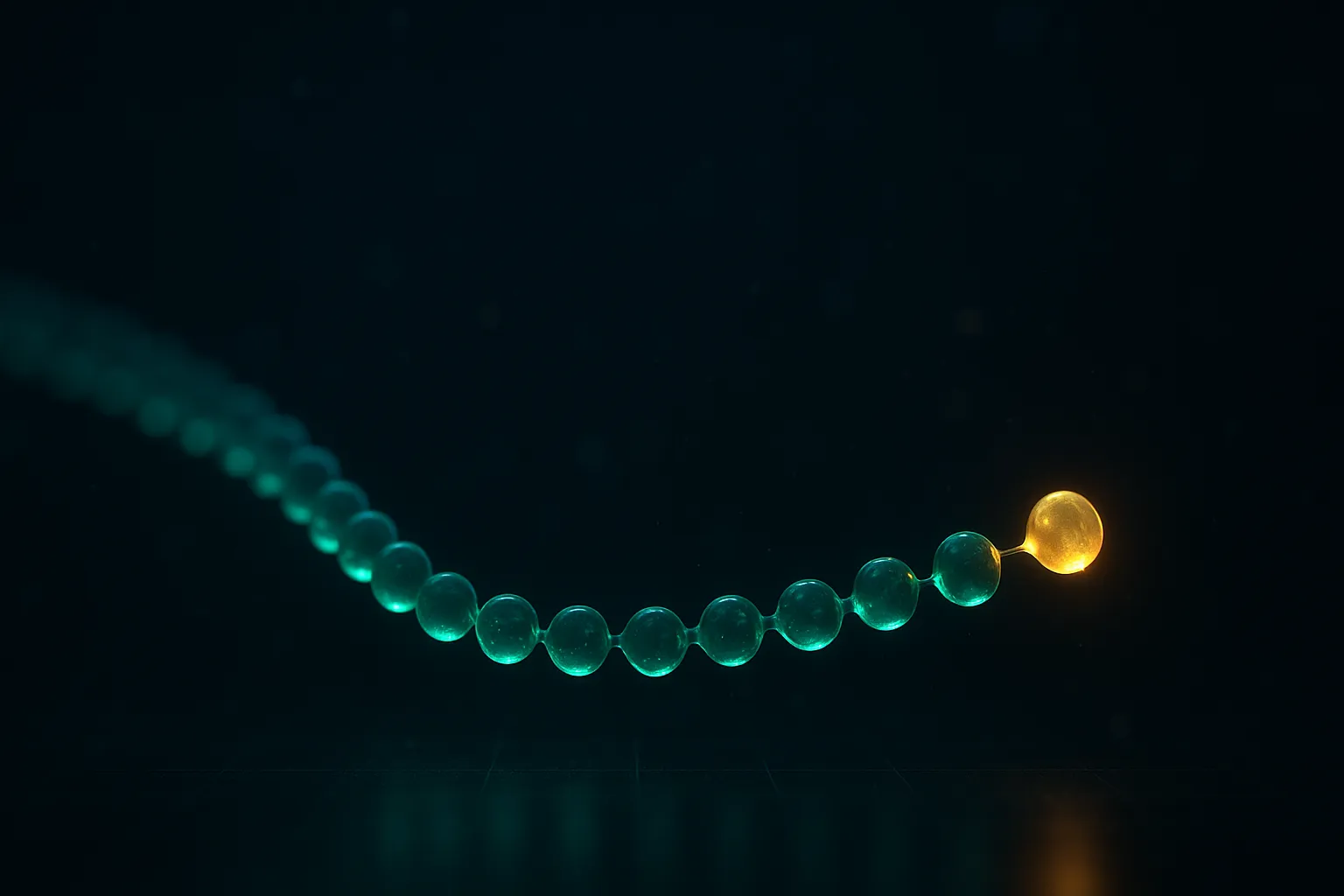 A long chain of glowing emerald spheres curving across a dark field, with a single warm gold sphere set slightly apart at the end connected by a thin bridge of light