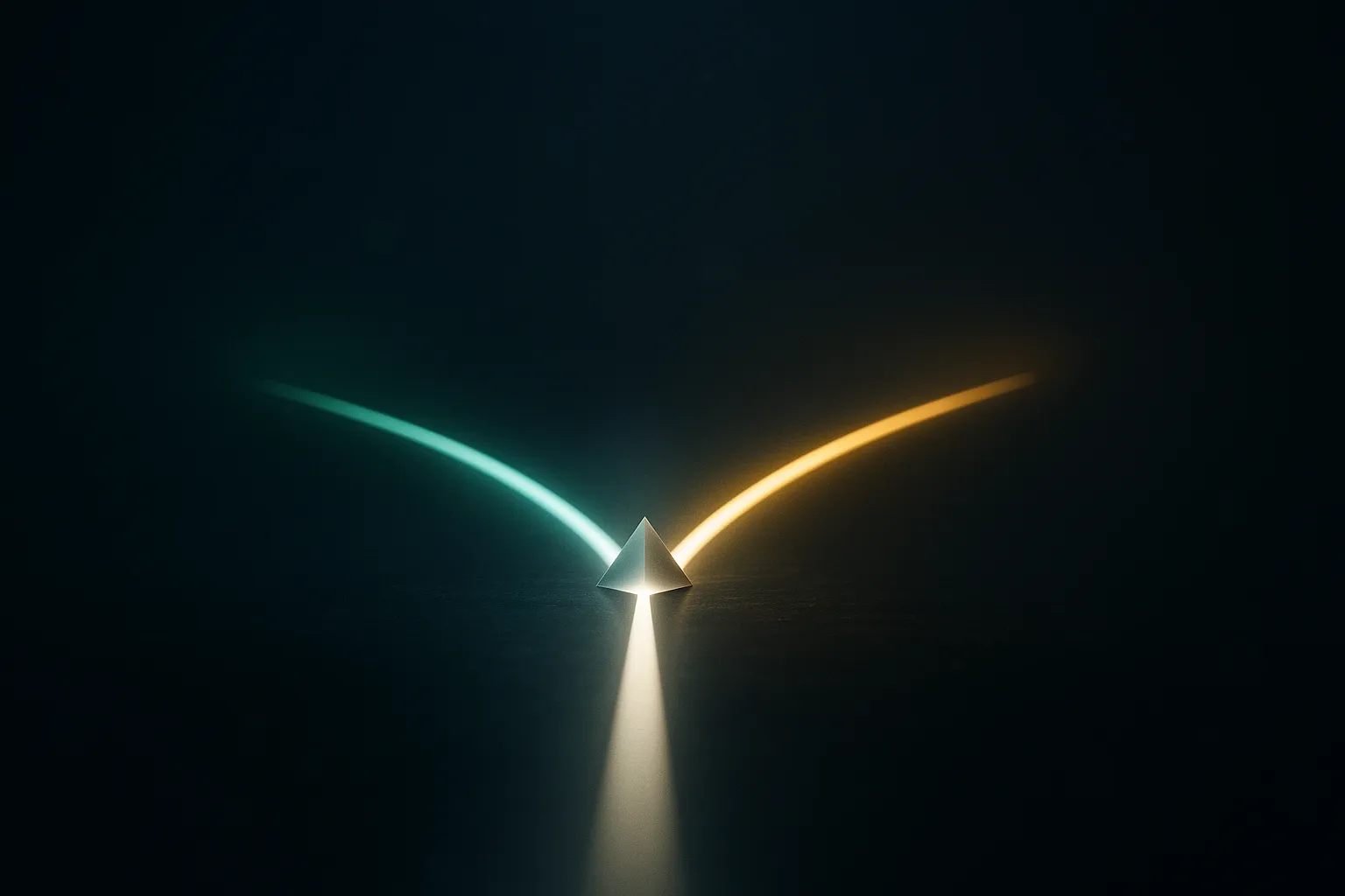 A single beam of pale light splitting at a prism into two diverging luminous corridors of unequal length, one emerald and one warm gold, receding toward the horizon
