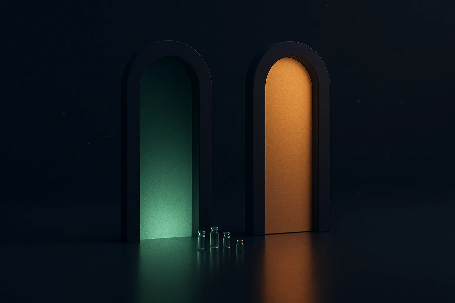 Two archways on a dark plane, the left open and spilling emerald light with small vials before it, the right sealed by a smooth warm gold panel