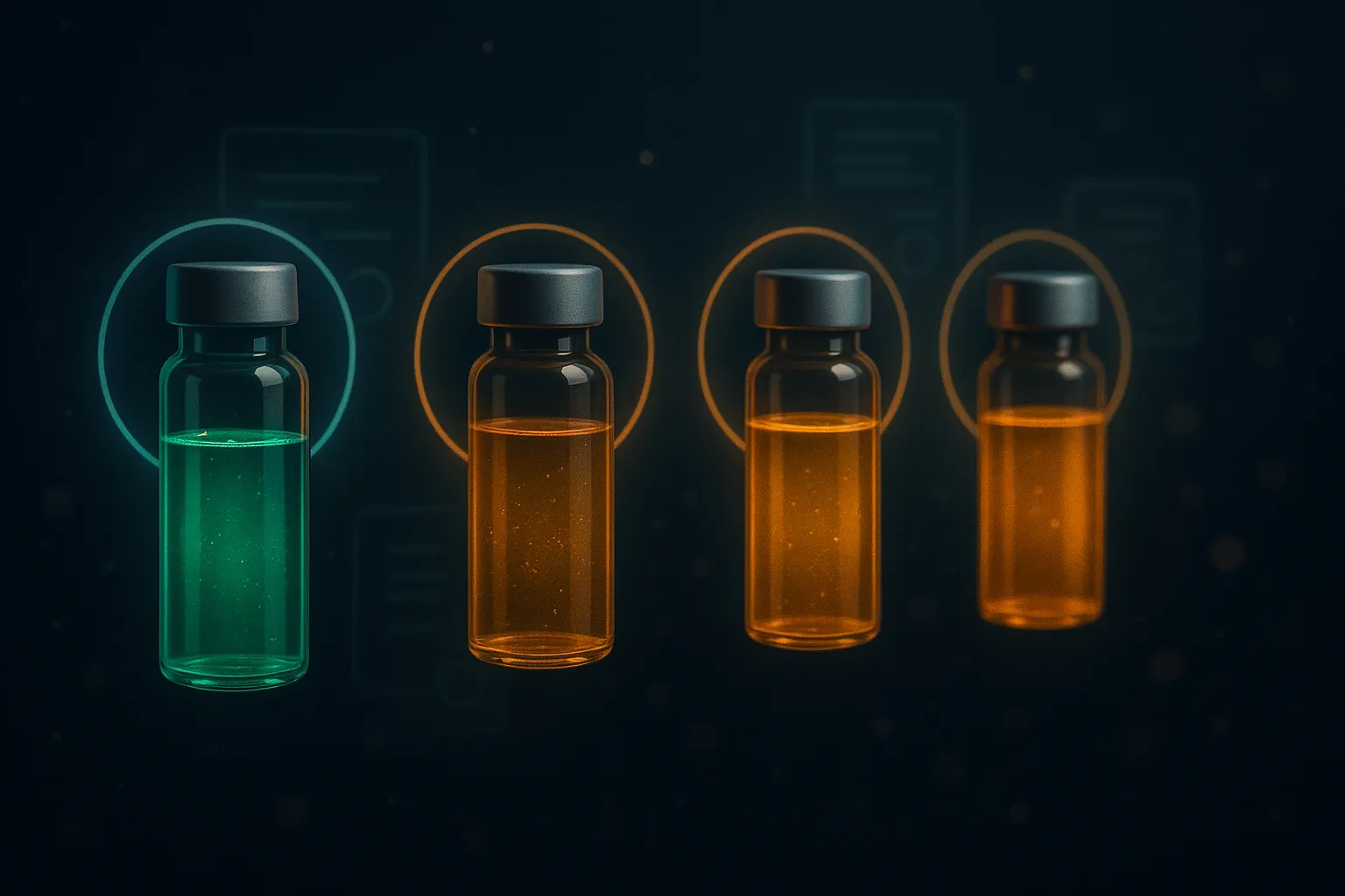 Research vials with verification rings and certificate documents, sourcing and comparison aesthetic