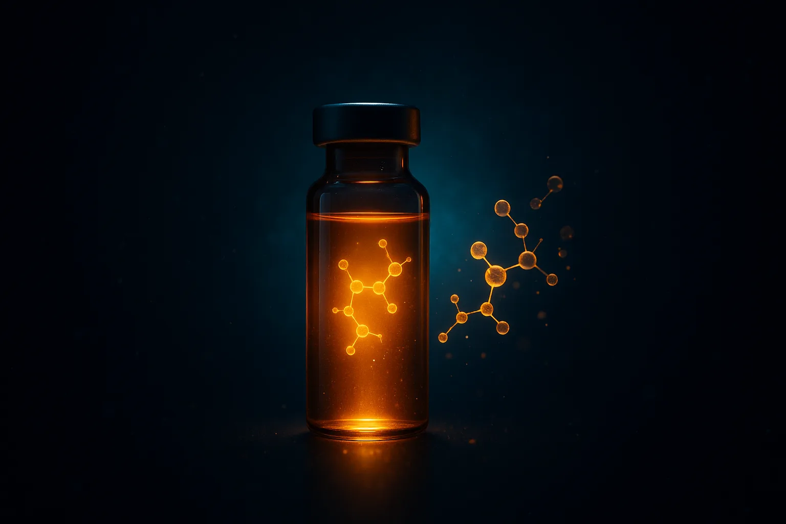 Peptide vial in focus with molecular fragments drifting away, representing degradation