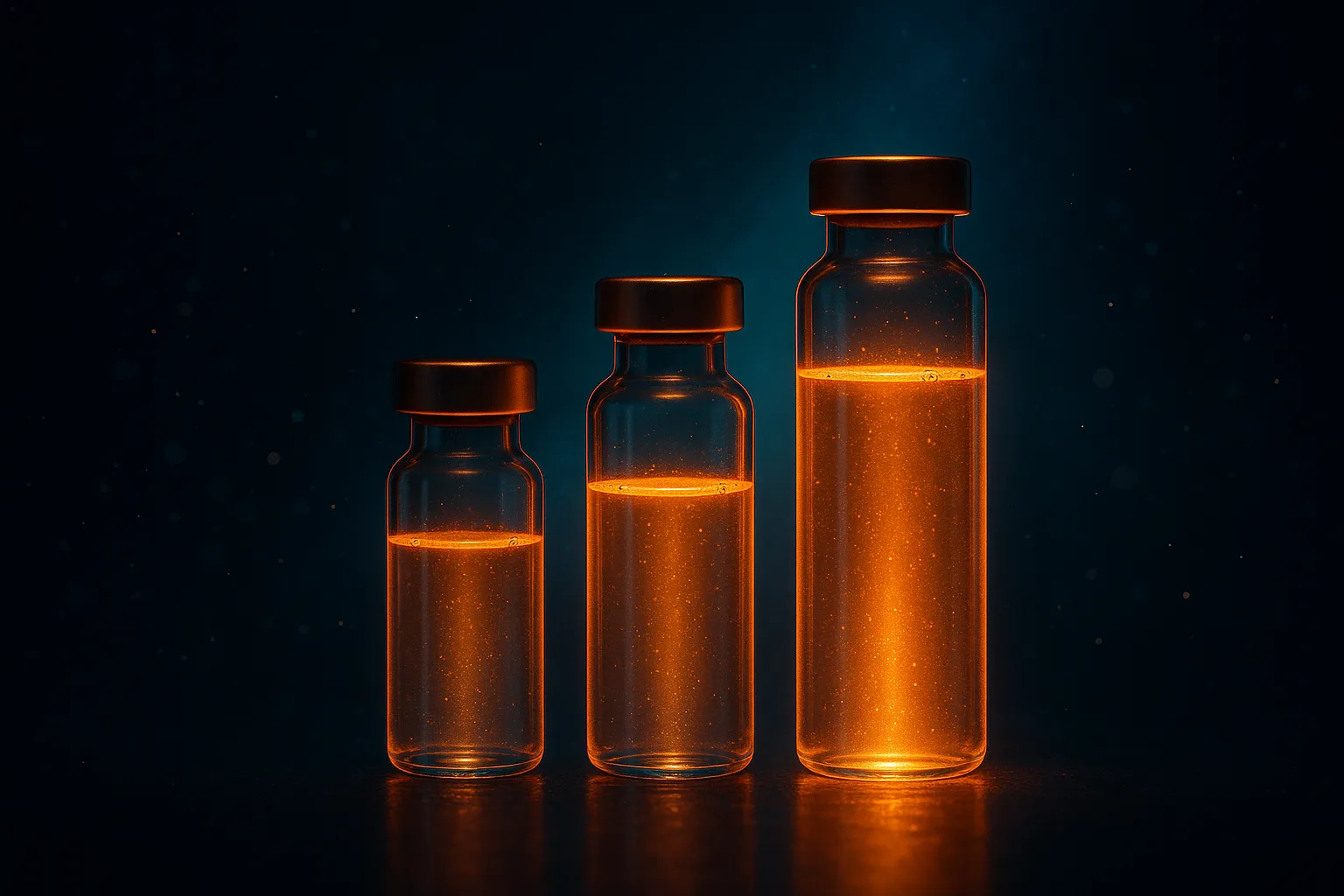 Three ascending vials on a dark surface representing stepwise dose escalation