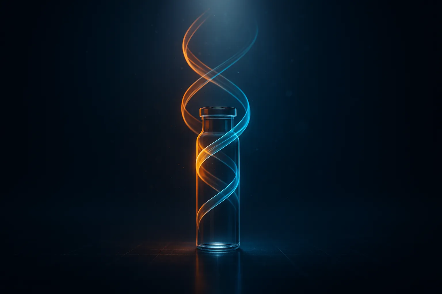 Two luminous helical ribbons, one amber gold and one cyan, spiralling upward and fusing into a single translucent vial on a dark reflective plane