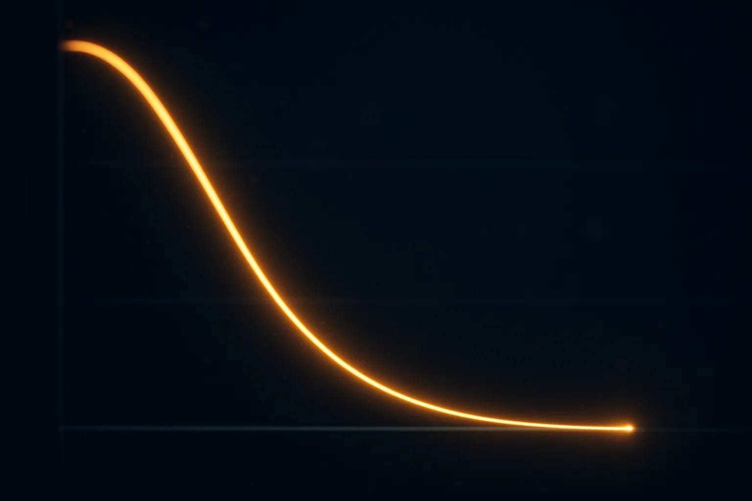 A steep descending curve of amber gold light sweeping across a dark plane above a flatter pale grey curve, the gold curve continuing past the frame without flattening