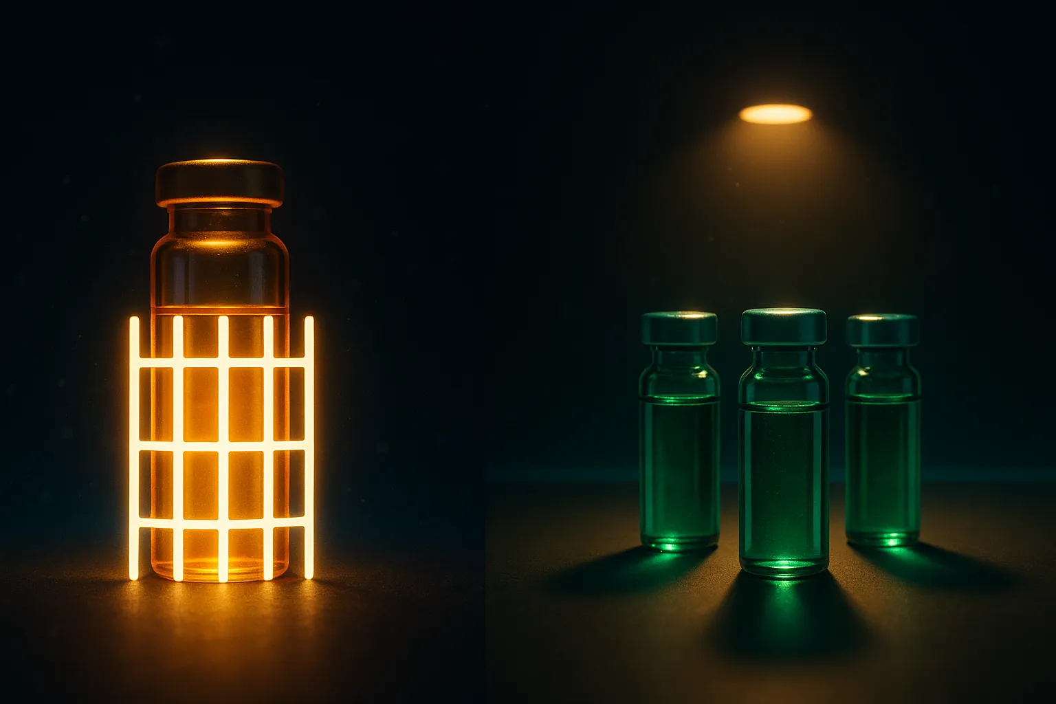 An amber gold vial sealed behind a lattice of pale luminous bars on the left, three emerald green vials standing openly under warm downlight on the right, divided by a faint cyan horizon