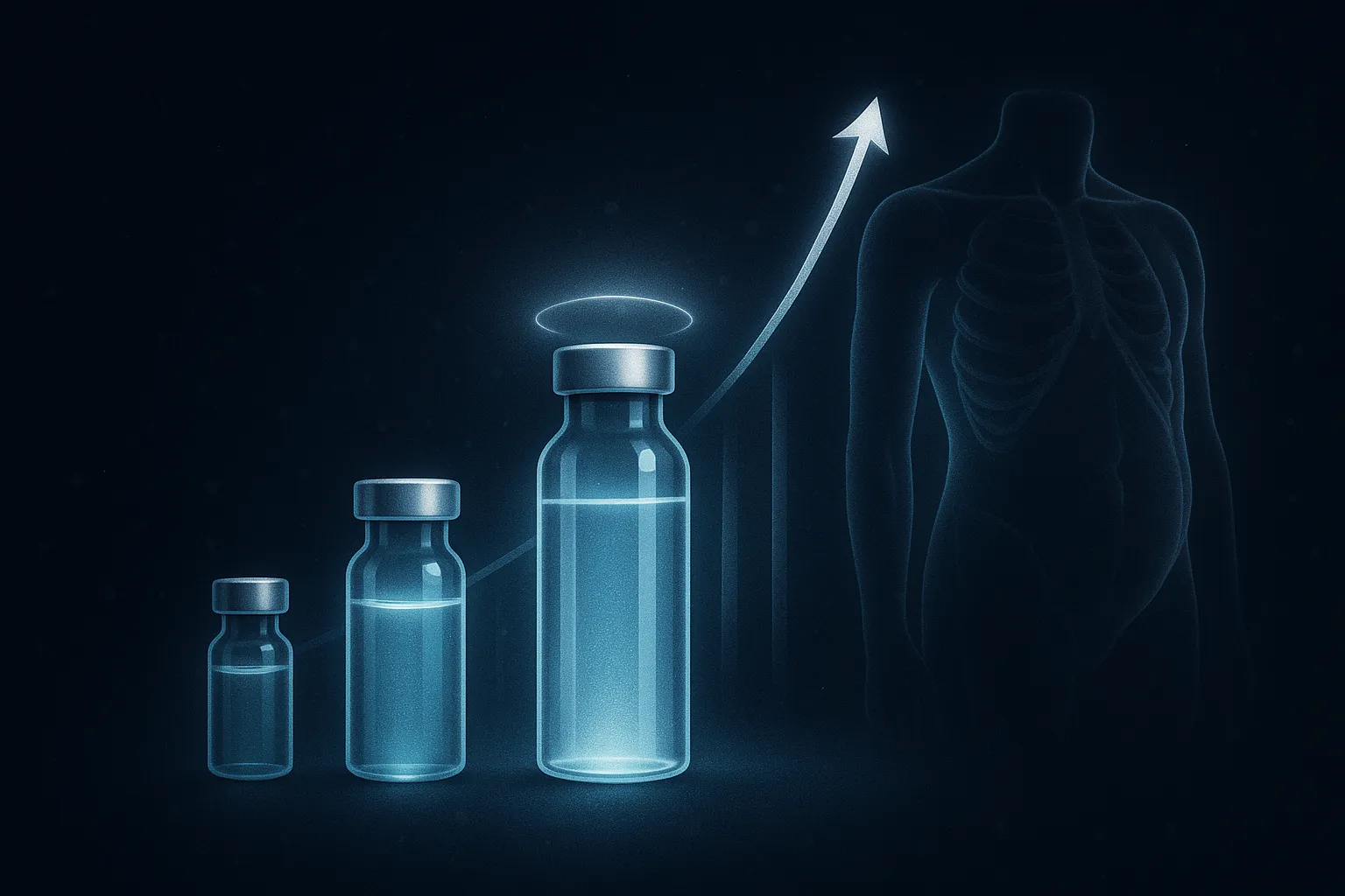 Dark navy space background with three glowing blue semaglutide vials, the largest in the center with a 7.2 trajectory curve rising sharply alongside a silver MRI-style fat-loss silhouette