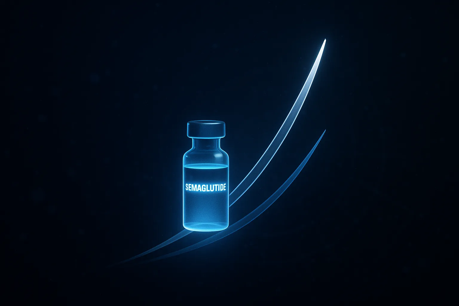 Section break: a glowing semaglutide vial centered between two ascending weight-loss trajectory curves on a navy grid