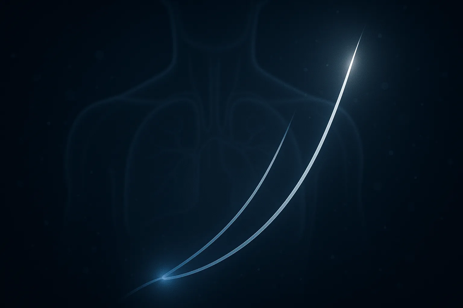 Section break: dark navy background with three converging trajectory lines representing 2.4 mg, 7.2 mg, and the responder subgroup curve, with a faint MRI fat-mass silhouette in the background