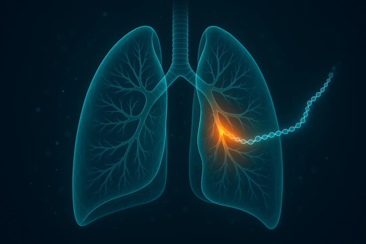 Translucent teal wireframe lungs on a dark field, the bronchial tree branching in fine luminous filaments with one narrowed airway glowing hot amber and cooling toward calm teal, a single peptide chain of light threading into the airway wall