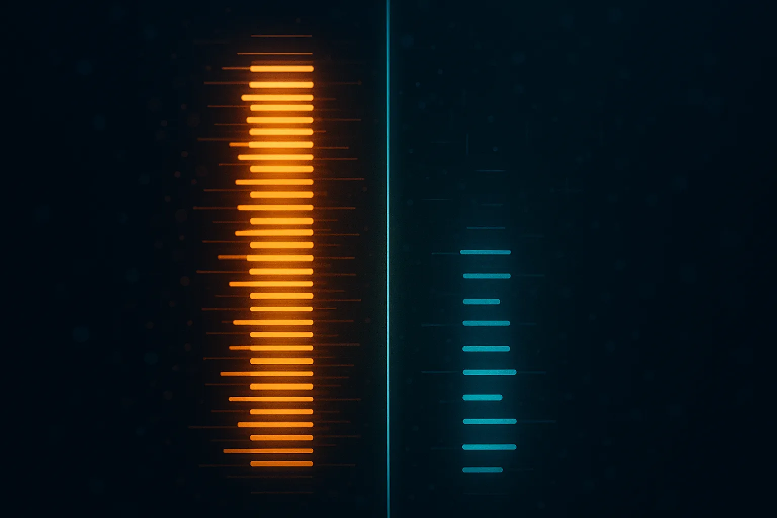 Two vertical columns of glowing horizontal bars on dark navy, the left dense and hot amber representing frequent respiratory events, the right shorter and cool teal representing fewer, with faint confidence-interval whisker marks floating behind