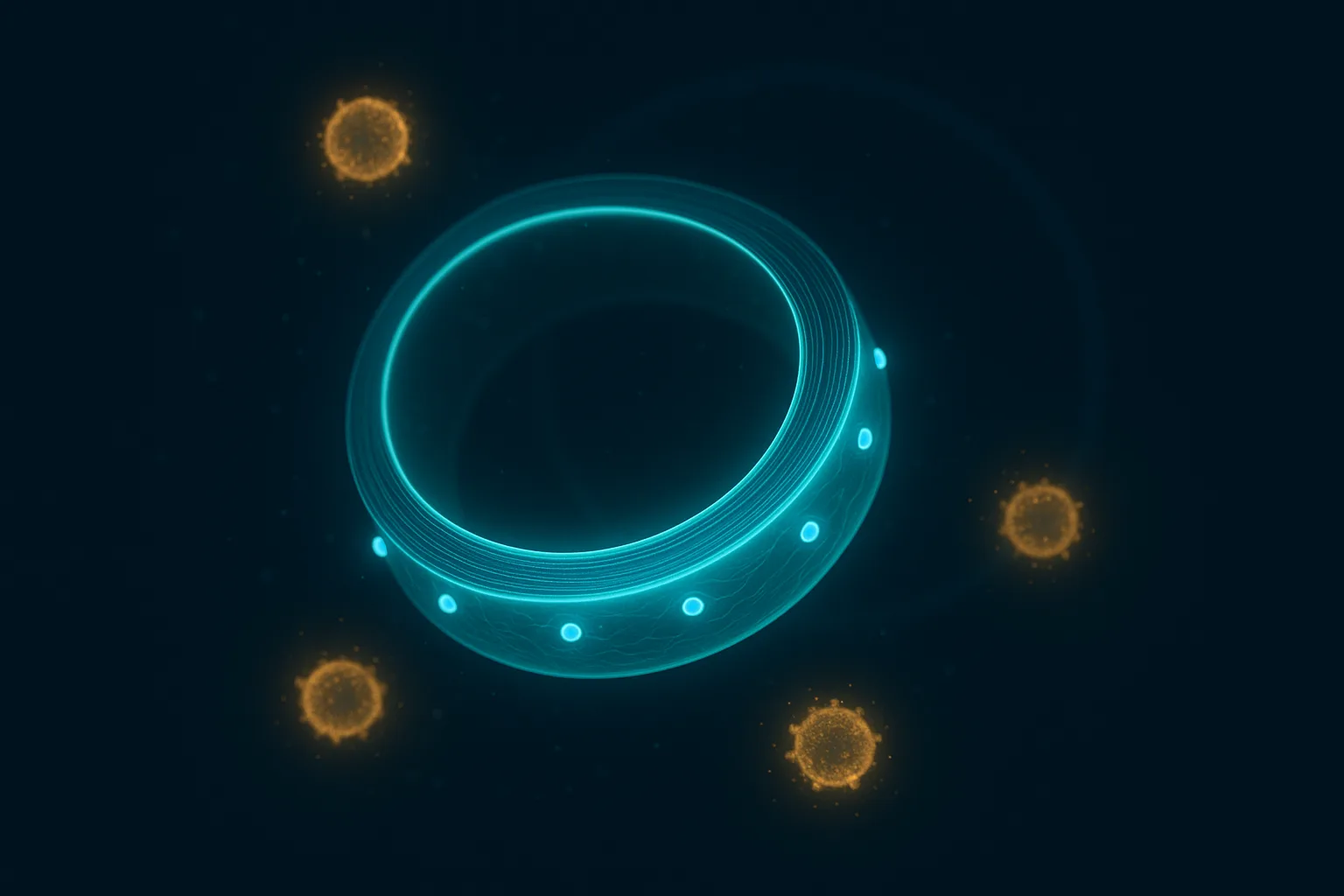 An abstract cross-section of a single airway ring on dark navy, its smooth-muscle layer a luminous teal band with cyan receptor points on the surface, faint amber immune-cell particles drifting away and dimming, a second faint ring behind suggesting an unresolved question