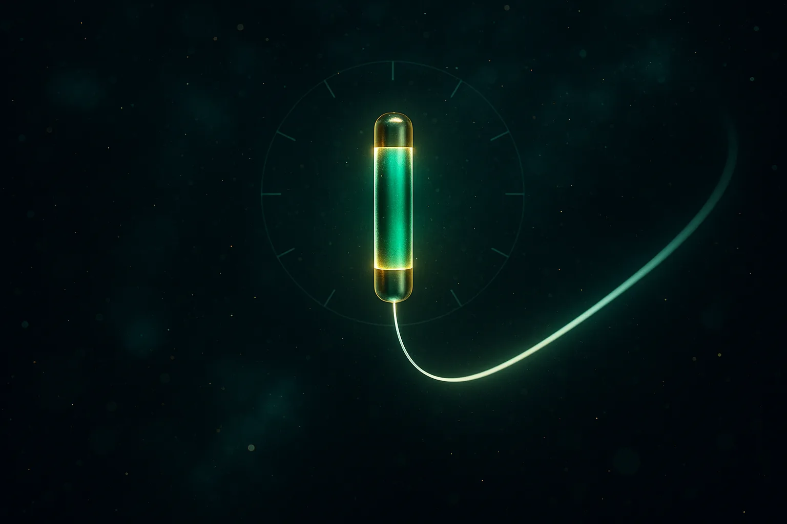 Single luminous emerald-and-gold subdermal implant rod suspended at the center of a dark navy field, encircled by a faint twelve-segment annual dial and a long unbroken ribbon of light trailing from it, representing continuous year-long semaglutide release