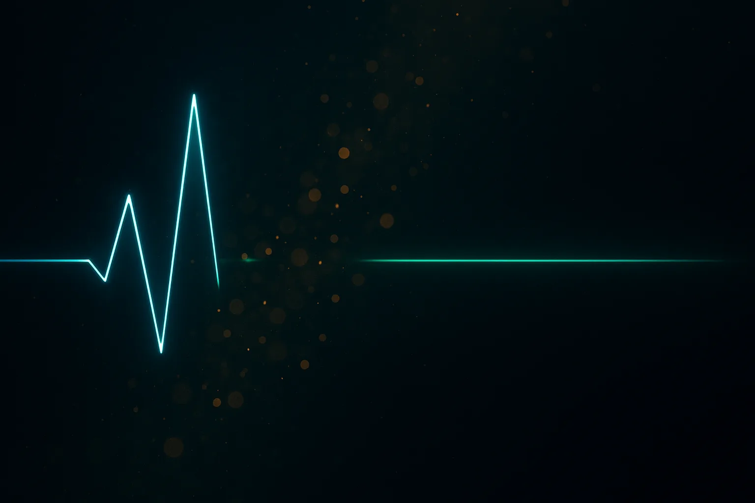 Two contrasting plasma-concentration traces rendered as glowing lines against a dark navy background — a jagged sawtooth peak-and-trough pattern in cool blue on the left, a flat unbroken emerald line on the right, with soft particle bokeh between them