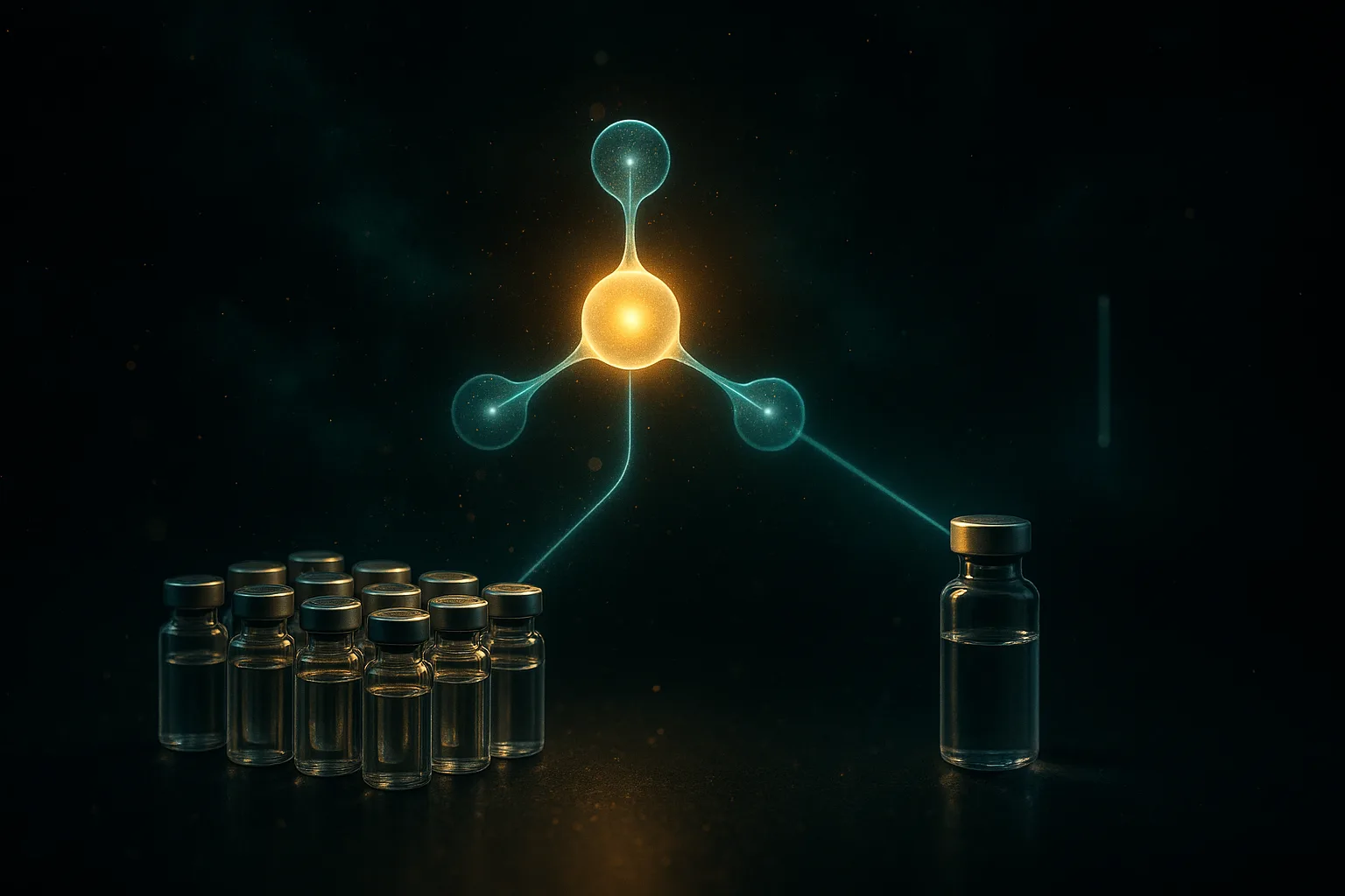 Branching diagram on a dark navy background showing a central glowing molecular node splitting into three luminous paths — a dense cluster of small vials in the foreground, a single larger vial at mid-distance, and a faint implant rod far in the background, conveying available-now versus years-away