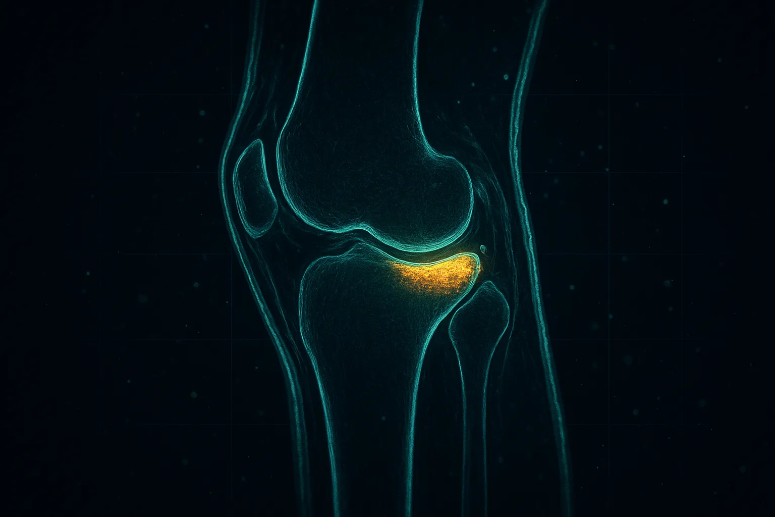 Scientific MRI-style cross-section showing cartilage regeneration with green-gold peptide signaling