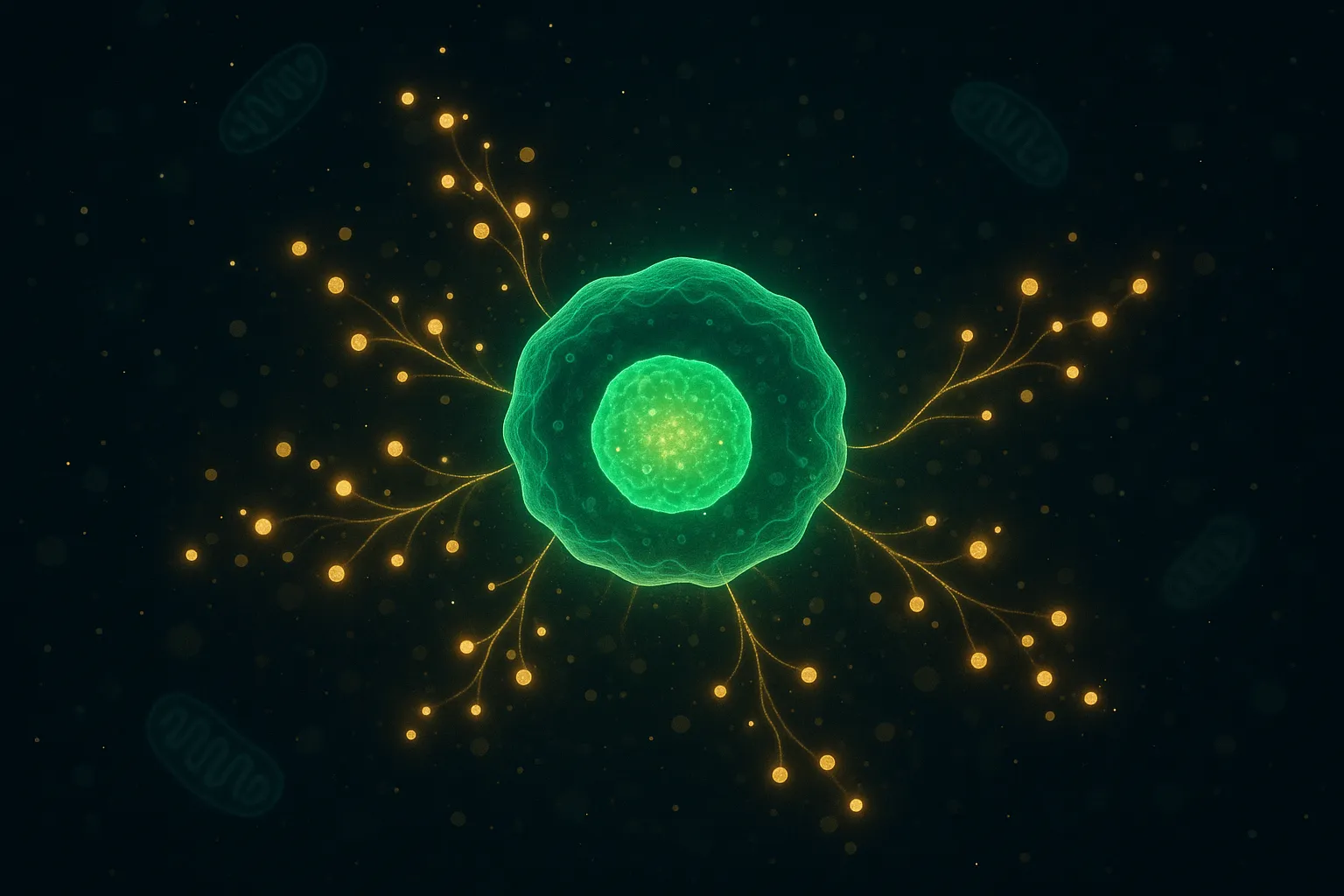 Dark navy scientific composition showing peptide signaling pathway activating cellular repair