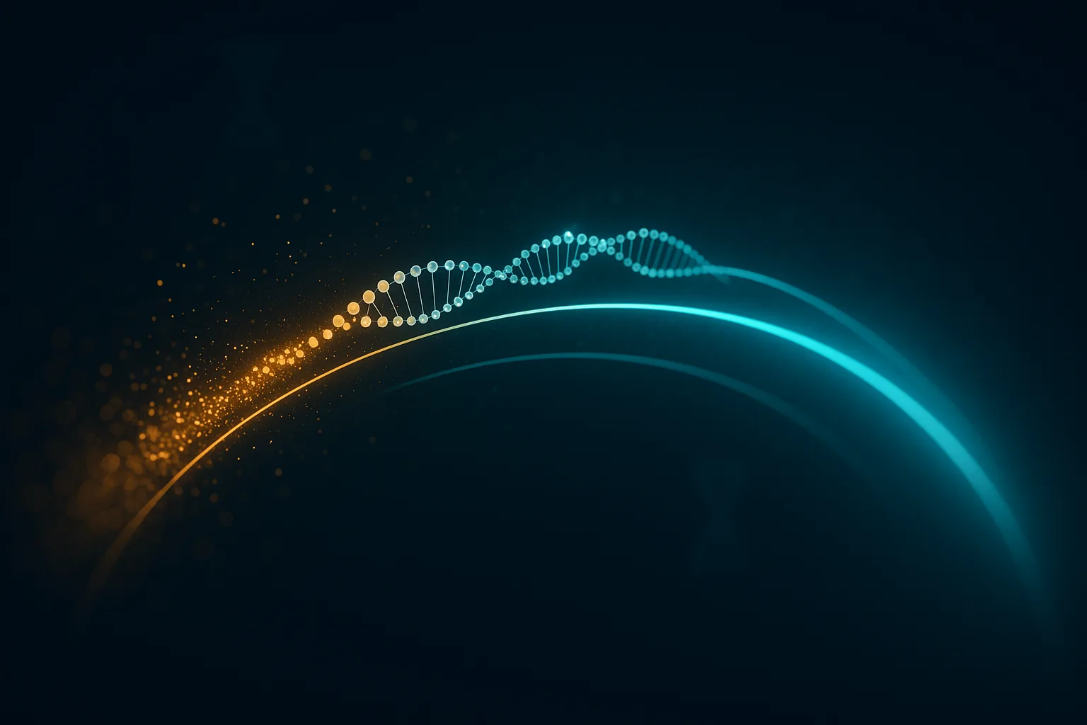 Two luminous timeline arcs sweeping across a dark field, the upper one extending markedly further than the lower, with a thread of peptide light running along it