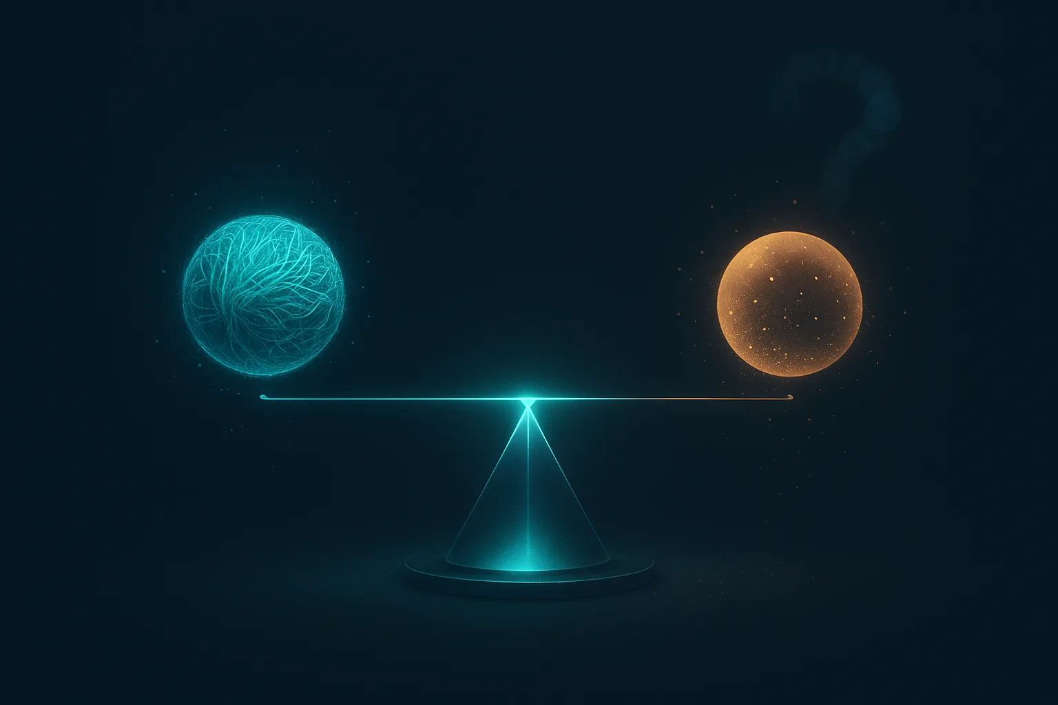 A luminous fulcrum balancing a teal cluster of muscle filaments against a dimmer amber sphere shedding particles