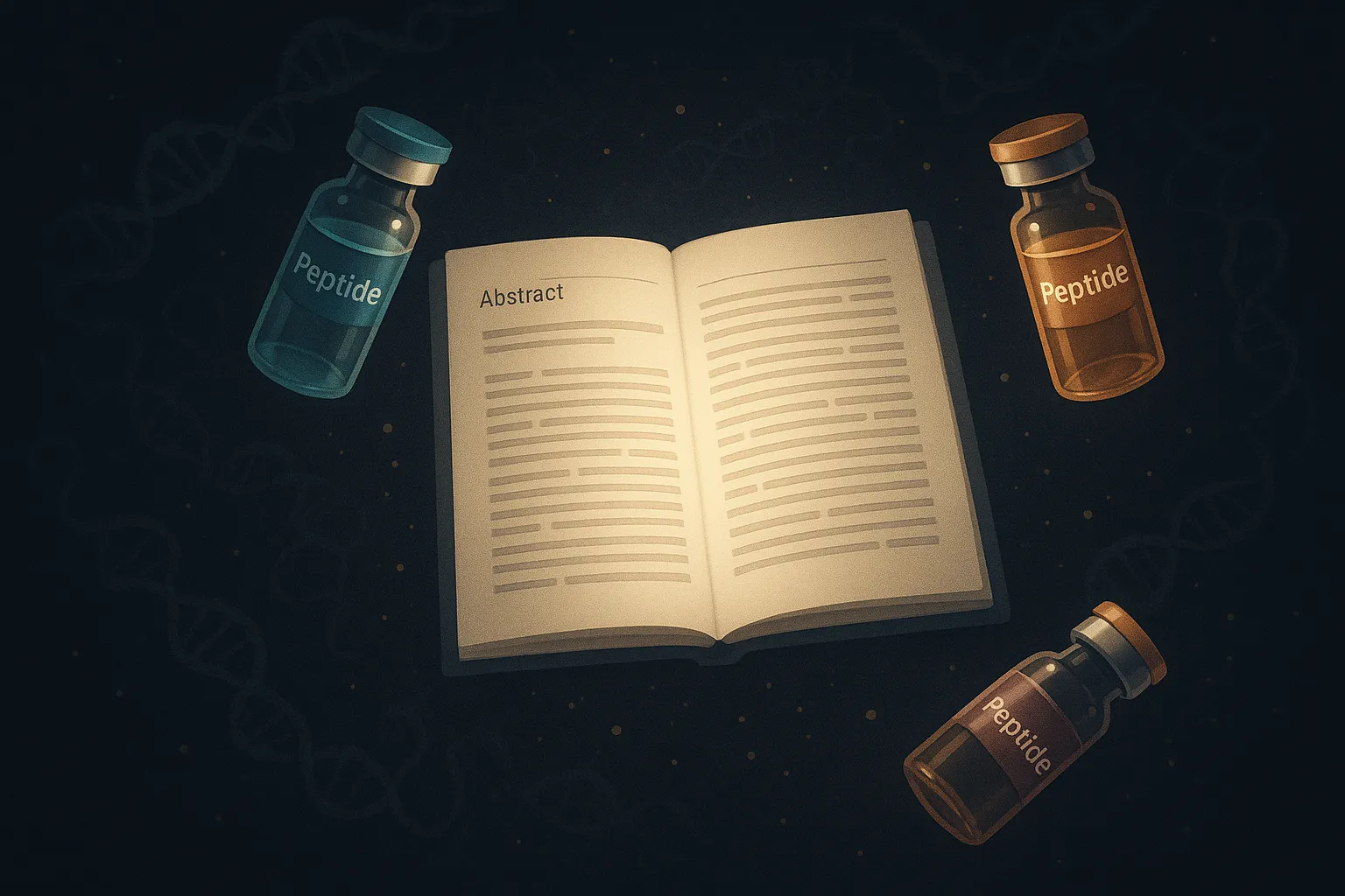 Dark navy editorial illustration of a peer-reviewed journal page over glowing peptide vials representing the Sports Medicine 2026 review of unapproved peptides