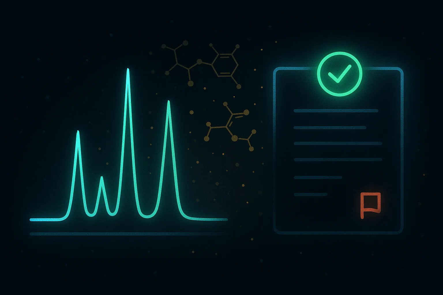 Editorial illustration of HPLC peptide purity chromatogram and COA document with red flag and green checkmark indicating verified vs failed batch