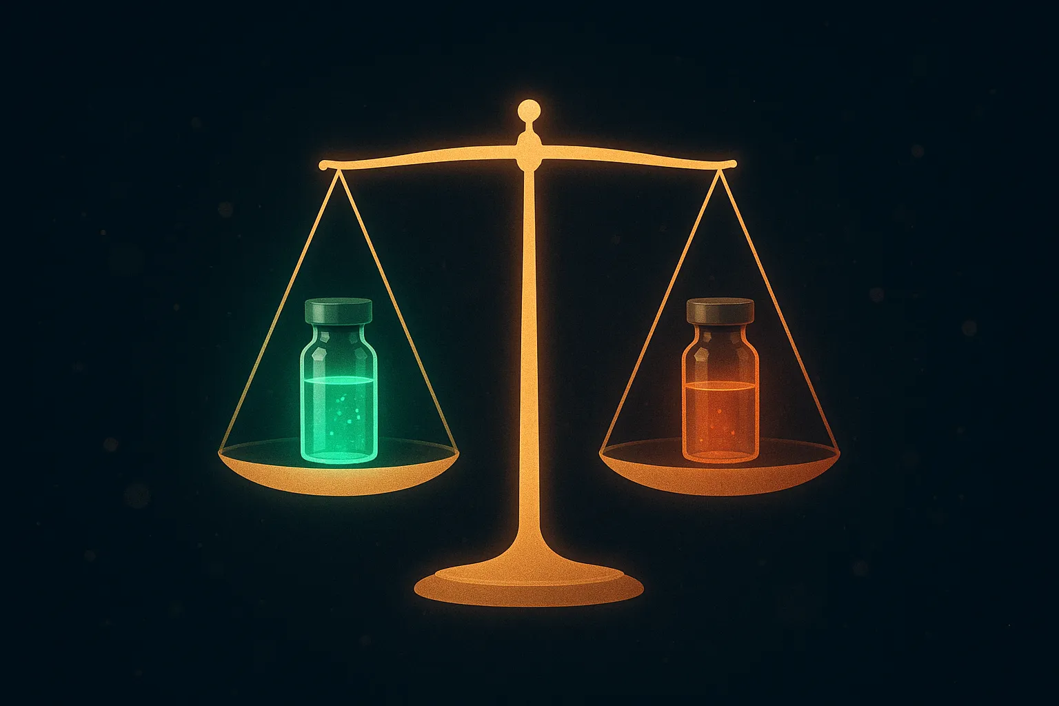 Editorial illustration of a research lab balance weighing a verified peptide vial against an unverified gray-market vial, dark navy aesthetic with gold accent