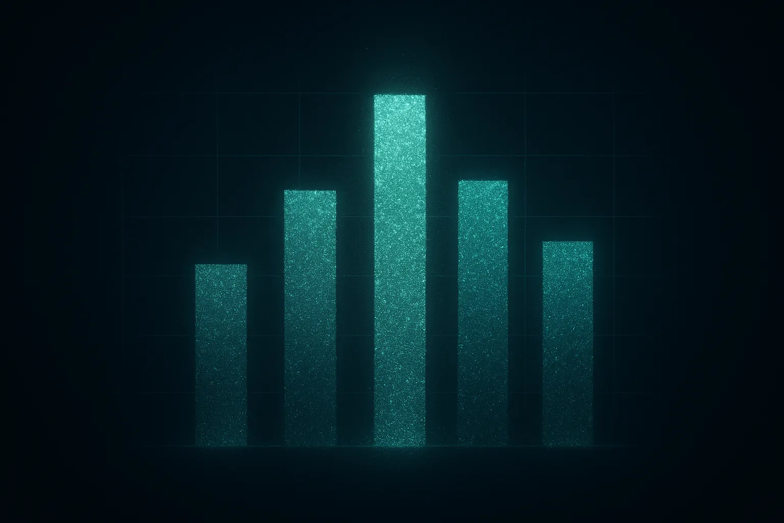 Five glowing vertical bars of emerald and teal particle light on a dark navy background, arranged like a bar chart comparing vendor prices