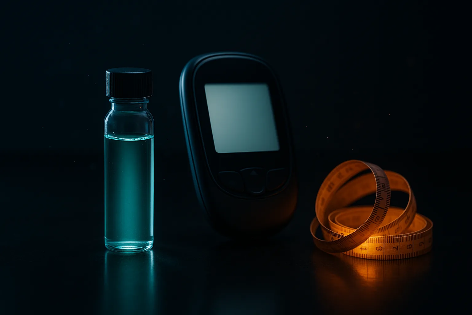 A glass vial of clear liquid beside a glucose meter and a measuring tape on a dark lab bench, lit in cool teal and amber, representing weight and blood sugar results