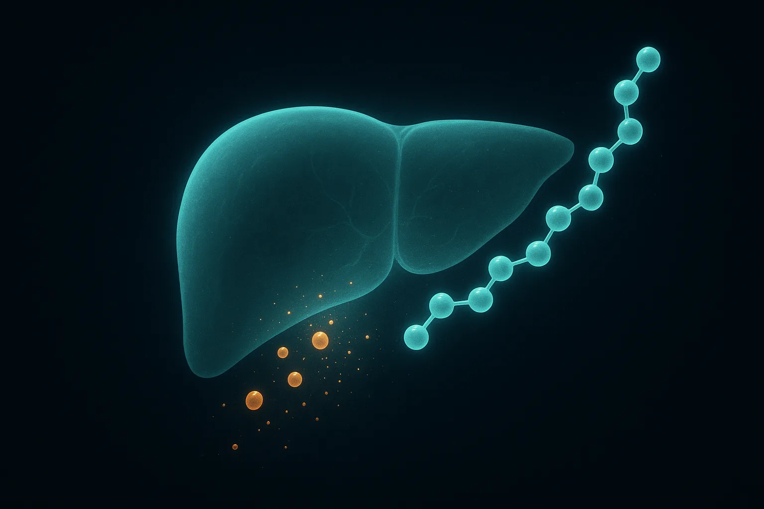 A stylized liver silhouette glowing teal with dissolving amber fat particles and a glucagon molecule docking to its surface
