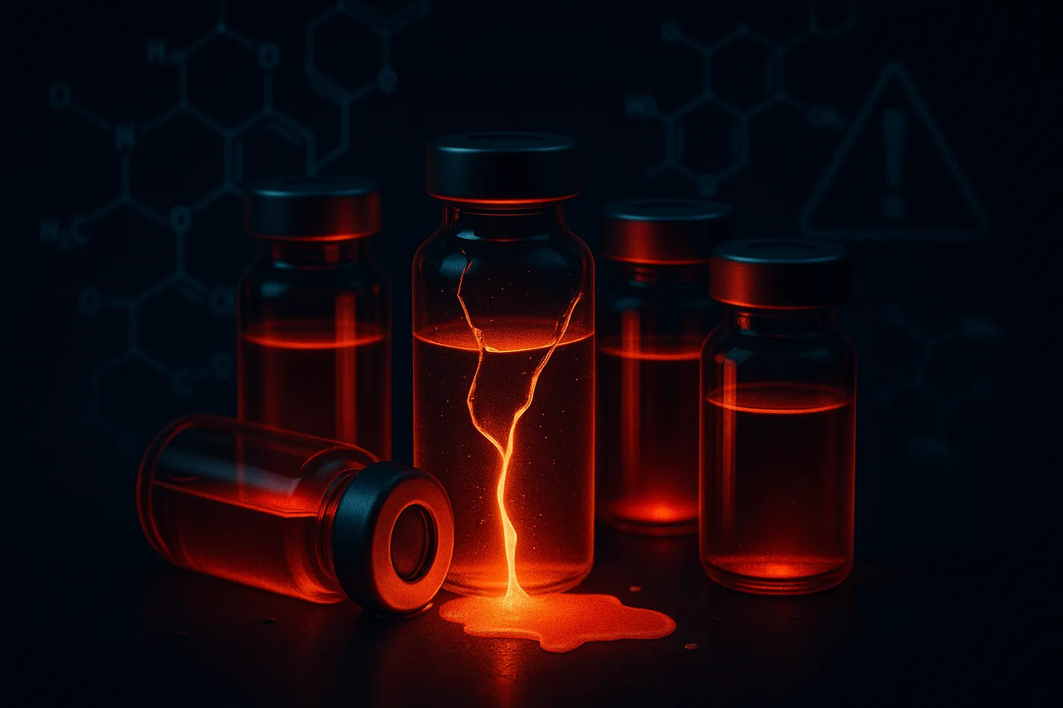 Dark scientific visualization showing peptide vials and molecular structures with warning indicators against a navy background