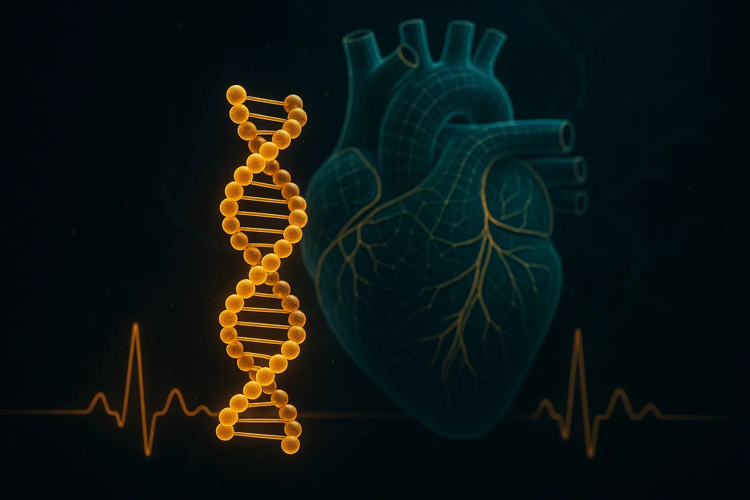 Glowing tirzepatide molecular helix in front of a wireframe human heart with an ECG waveform