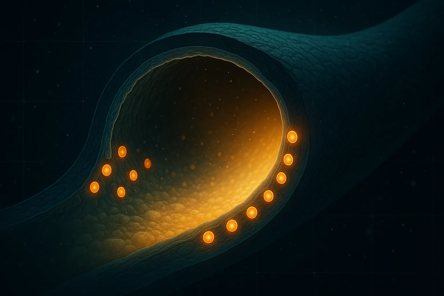 Cross-section of a coronary artery with glowing incretin receptors activating along the endothelial wall