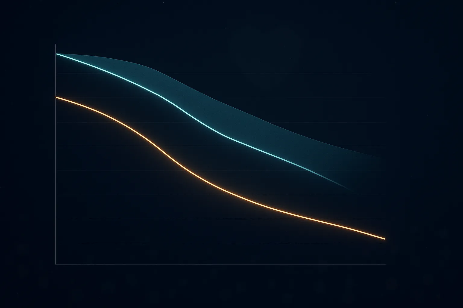 Two smooth diverging Kaplan-Meier style curves over a faint heart silhouette