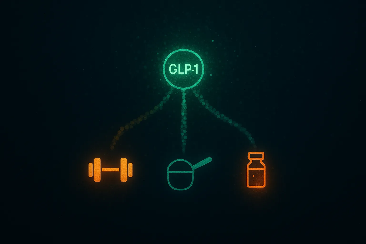 Three-path decision tree branching from a central GLP-1 node — one to a dumbbell, one to a protein scoop, one to a small muscle-preserving peptide vial — on dark navy with soft amber bokeh