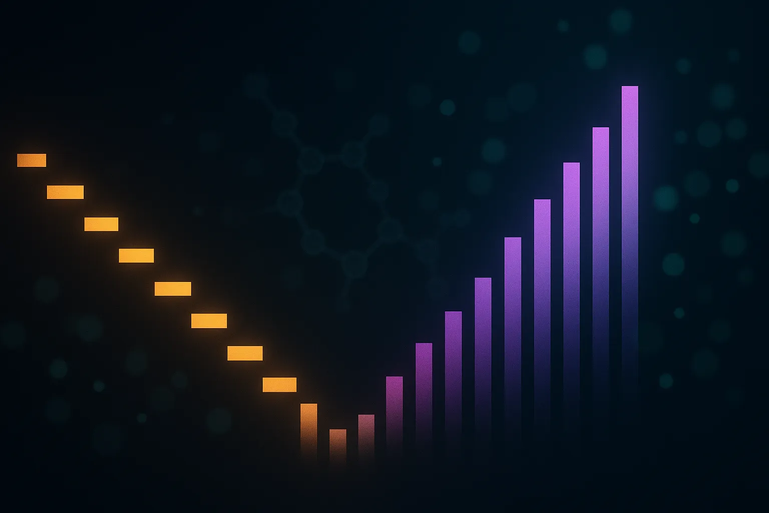 A descending staircase of glowing amber-gold bars dropping to a low point on the left, then rising abruptly into taller violet-purple bars on the right, with emerald-teal particle bokeh drifting across a dark navy field