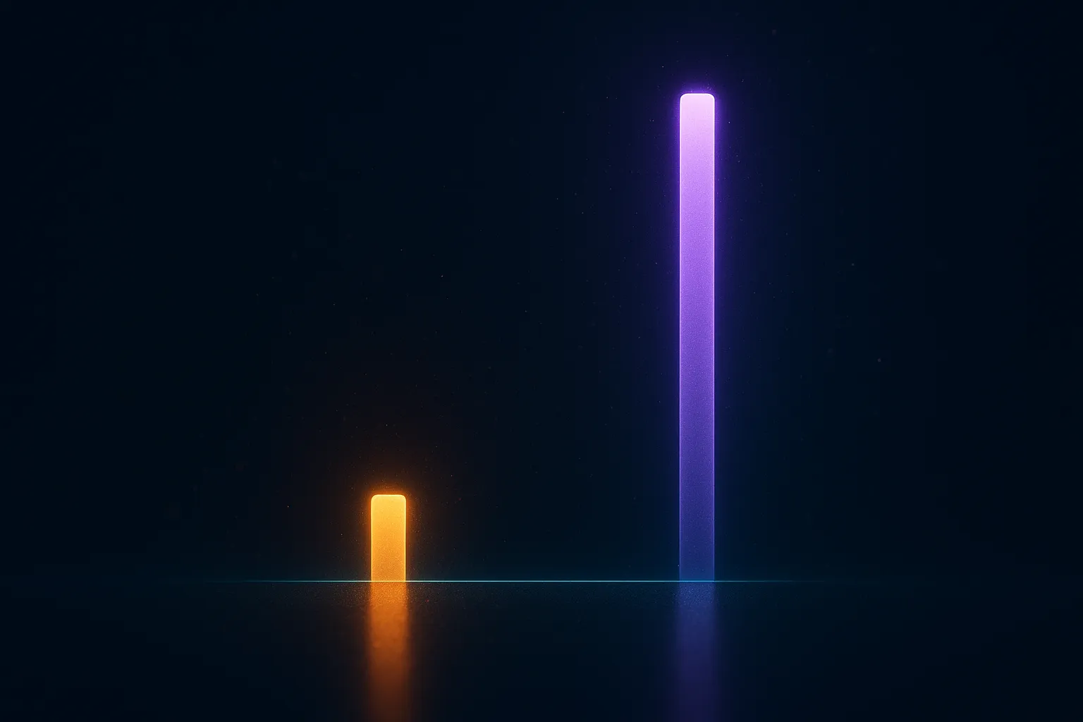 Two glowing vertical columns of light at dramatically unequal heights rising from a dark reflective floor, a short amber-gold column beside a much taller violet-purple one, with a thin emerald-teal reference line running between them