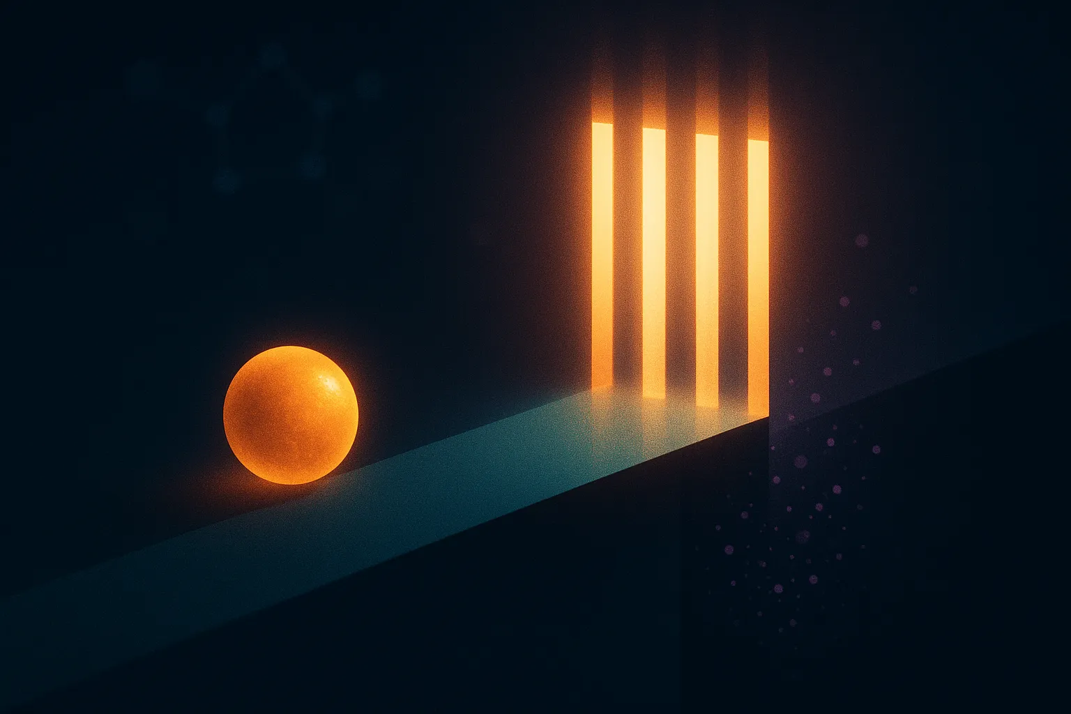 A glowing amber-gold sphere rolling along a narrow teal track toward a gate of vertical light beams, with the track dropping away past the gate into a dark gap and violet-purple particles scattering upward