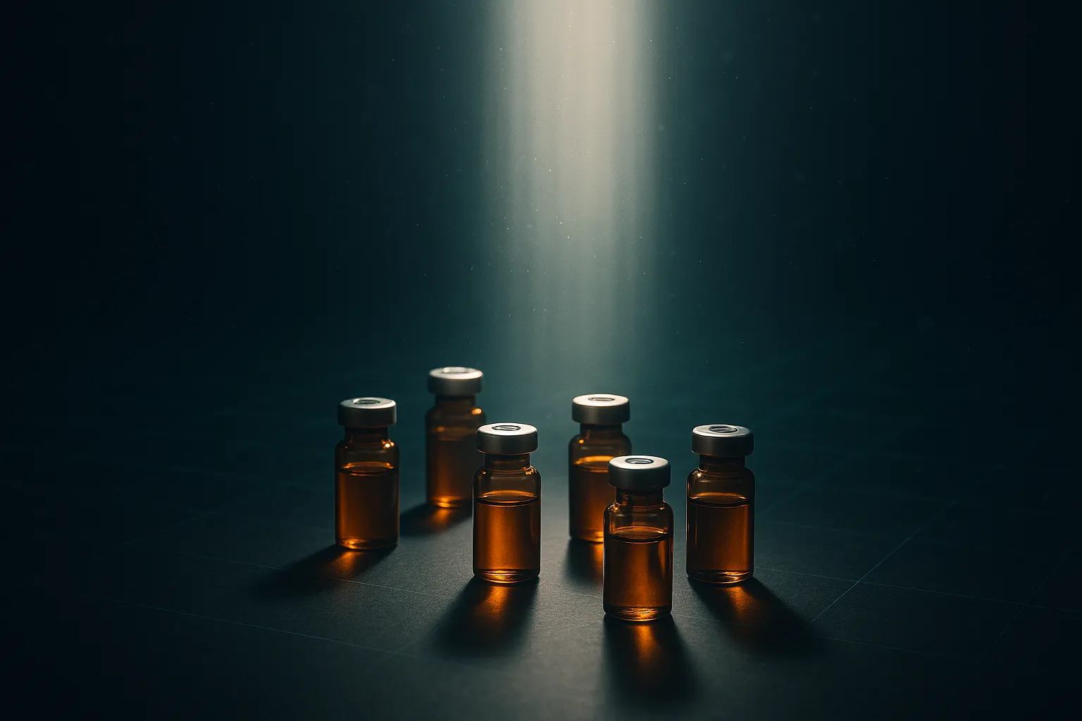 A dark slate surface holding six small amber vials arranged in two staggered rows, each casting a narrow shadow, with a tall column of pale diagnostic light falling across them and a faint grid of emerald lines receding into the background