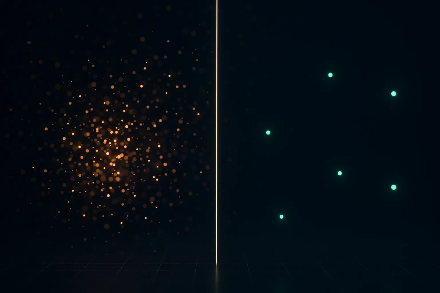 Two adjacent panels rendered in dark tones: the left dense with many small amber dots clustered tightly, the right holding only four widely spaced emerald dots, a thin vertical divider of pale light separating them