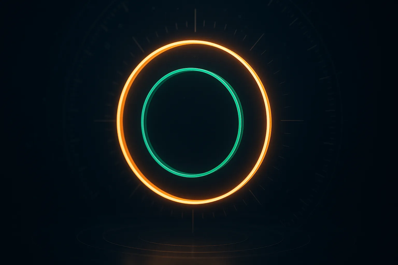 A dark field with a single large amber ring at its centre, partially overlaid by a smaller emerald ring set forward of it, thin pale measurement lines radiating outward to faint tick marks at the edges