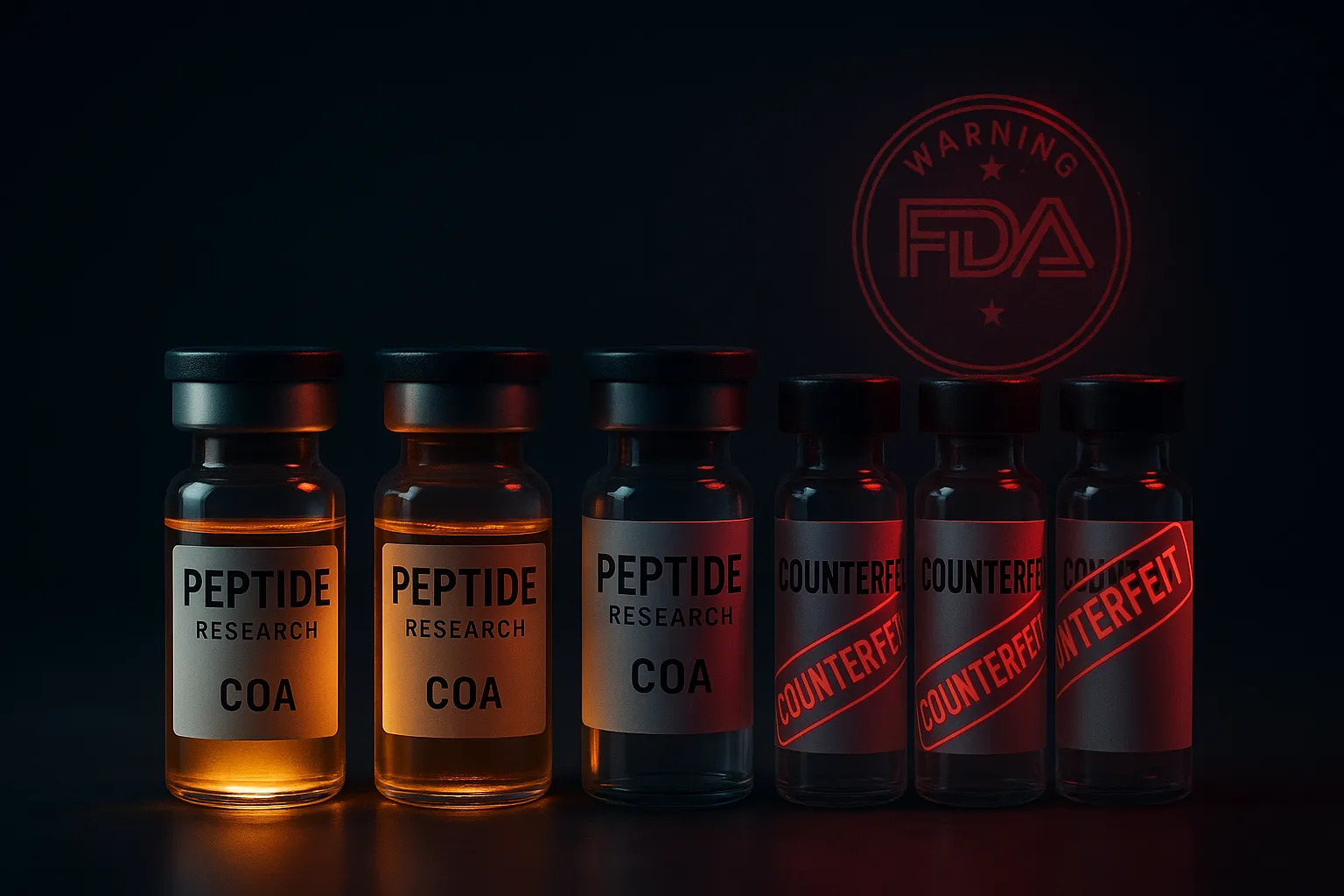Dark laboratory scene showing counterfeit peptide vials with warning indicators