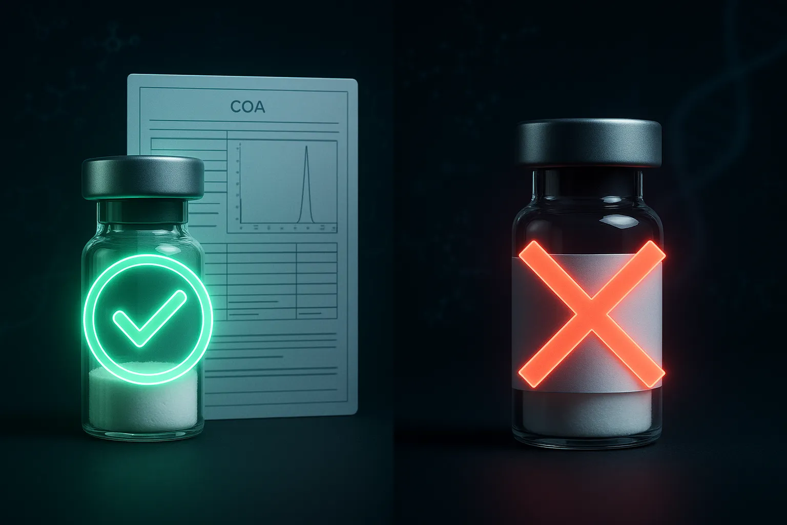 Comparison of legitimate vs counterfeit peptide vial labels and COA documents