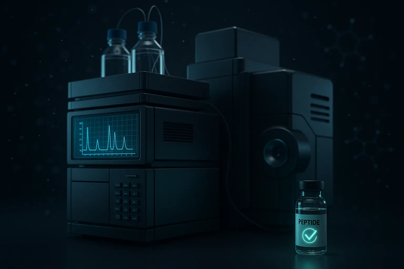 Dark futuristic scene showing peptide quality verification process with lab testing equipment