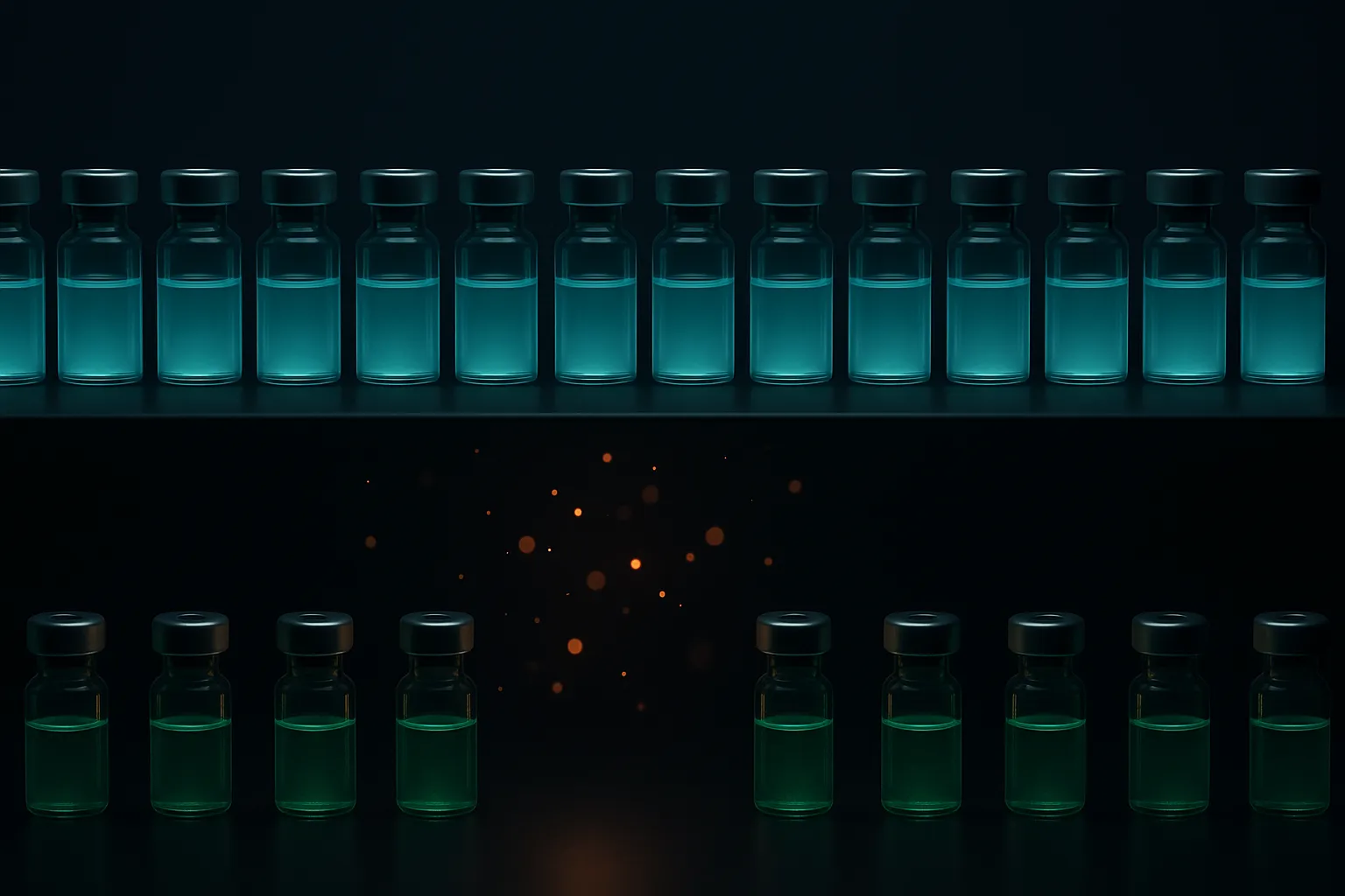Two rows of injection pens on a dark surface, the upper row dense and evenly spaced, the lower row spread far apart with wide gaps, lit by a cool teal glow