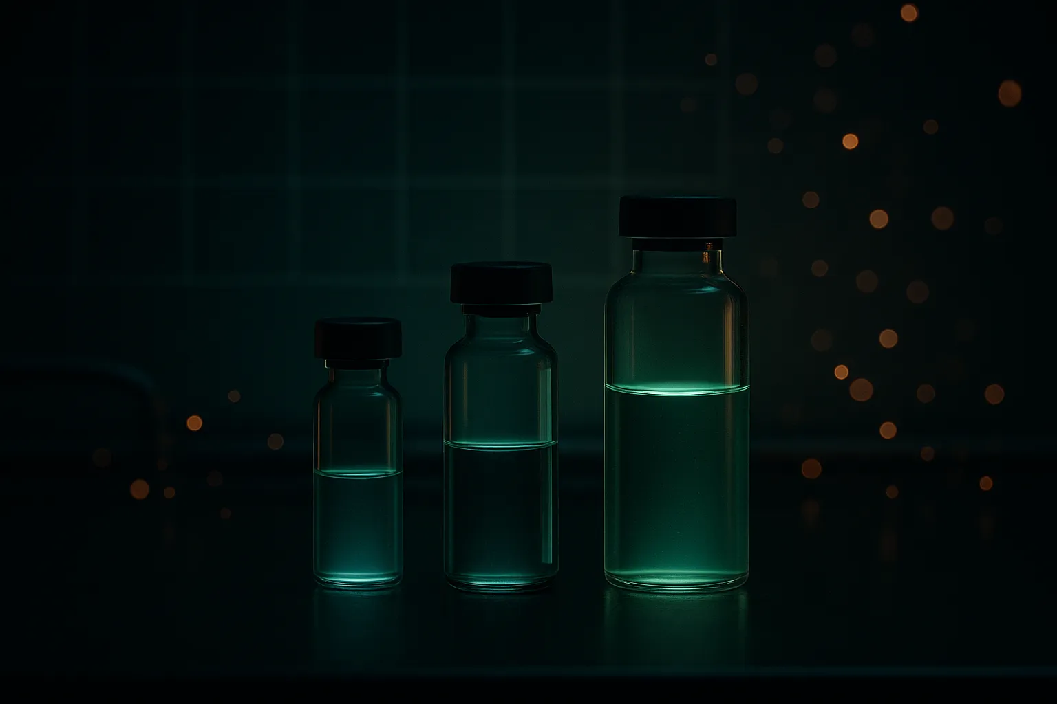 A dark laboratory bench scene with three glass vials arranged left to right in ascending size, each backlit in a different intensity of teal, a faint calendar grid pattern projected across the surface behind them