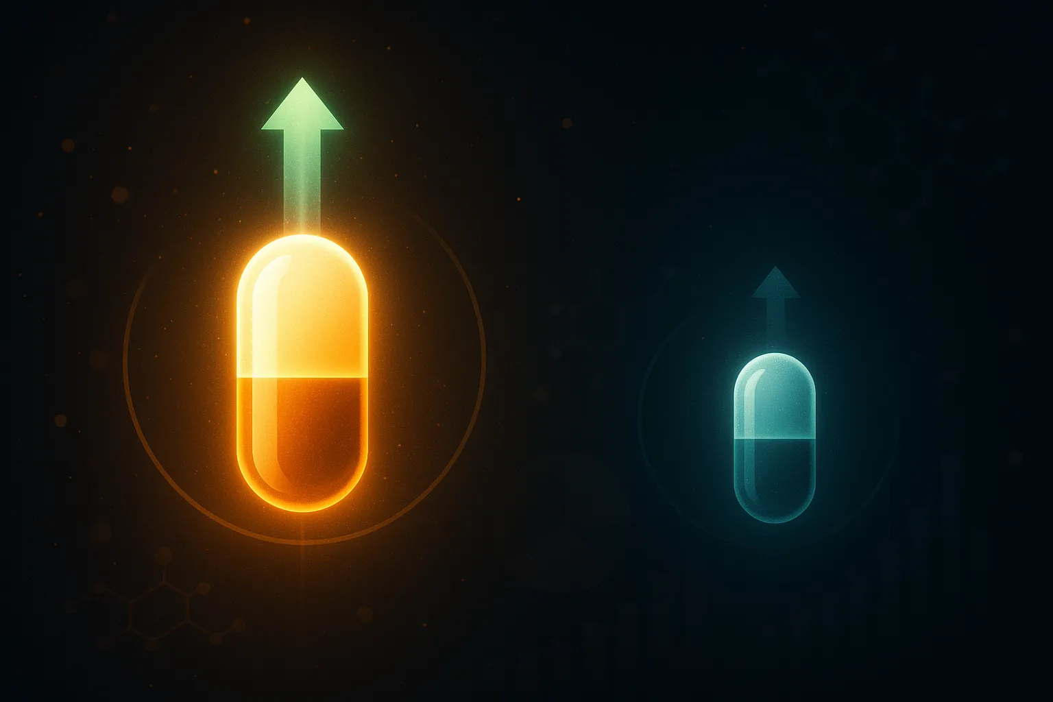 Two glowing oral GLP-1 pill capsules side by side, one larger and brighter representing dominant Wegovy pill launch volume, the smaller dimmer one representing the slower Foundayo launch